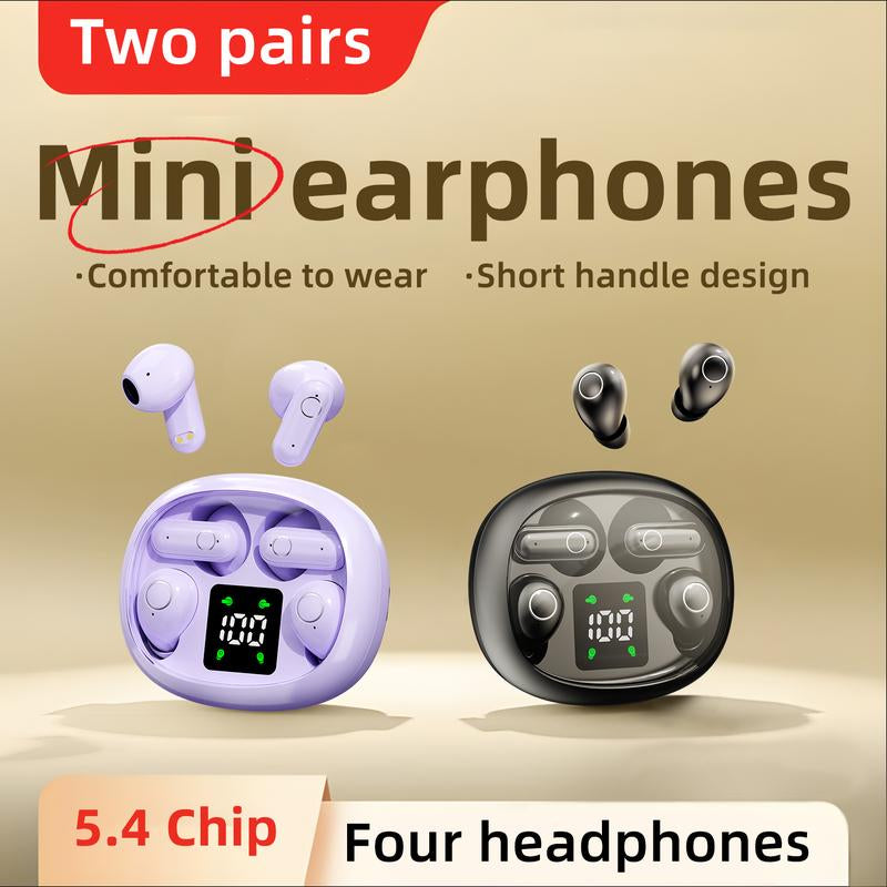 Wireless noise cancelling earbuds for fitness in four colors, showcasing comfortable short handle design and mini earphones.