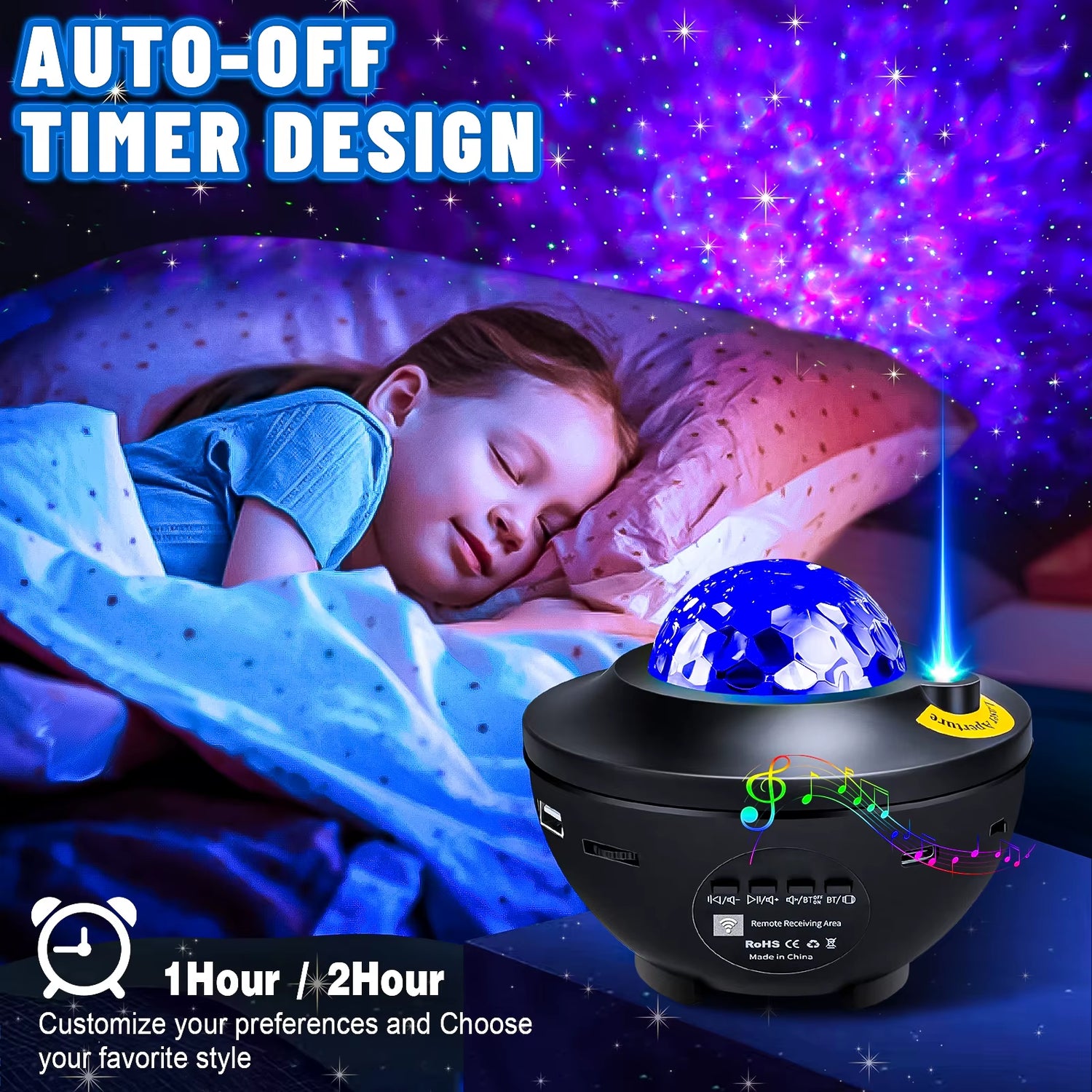 Bluetooth Galaxy Projector with auto-off timer design, creating a soothing night light for peaceful sleep.