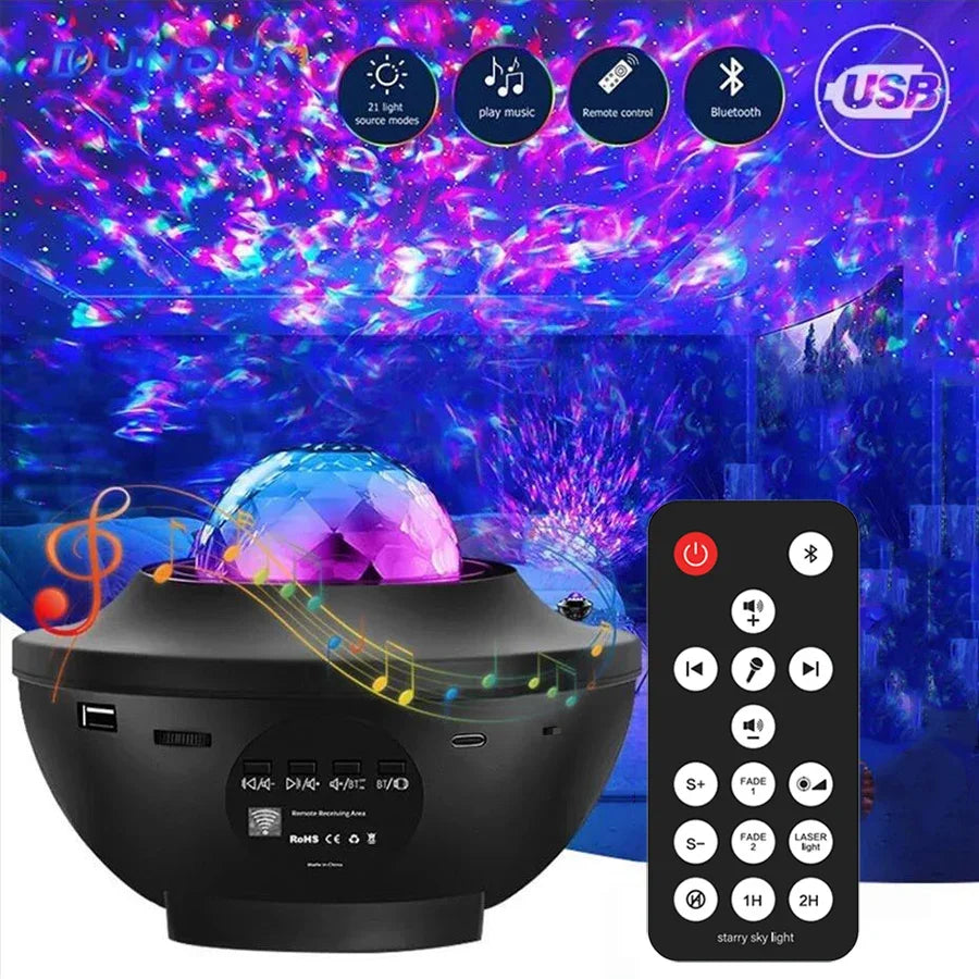 LED Galaxy Projector featuring 21 dynamic colors and Bluetooth music player for stunning starry night ambiance.
