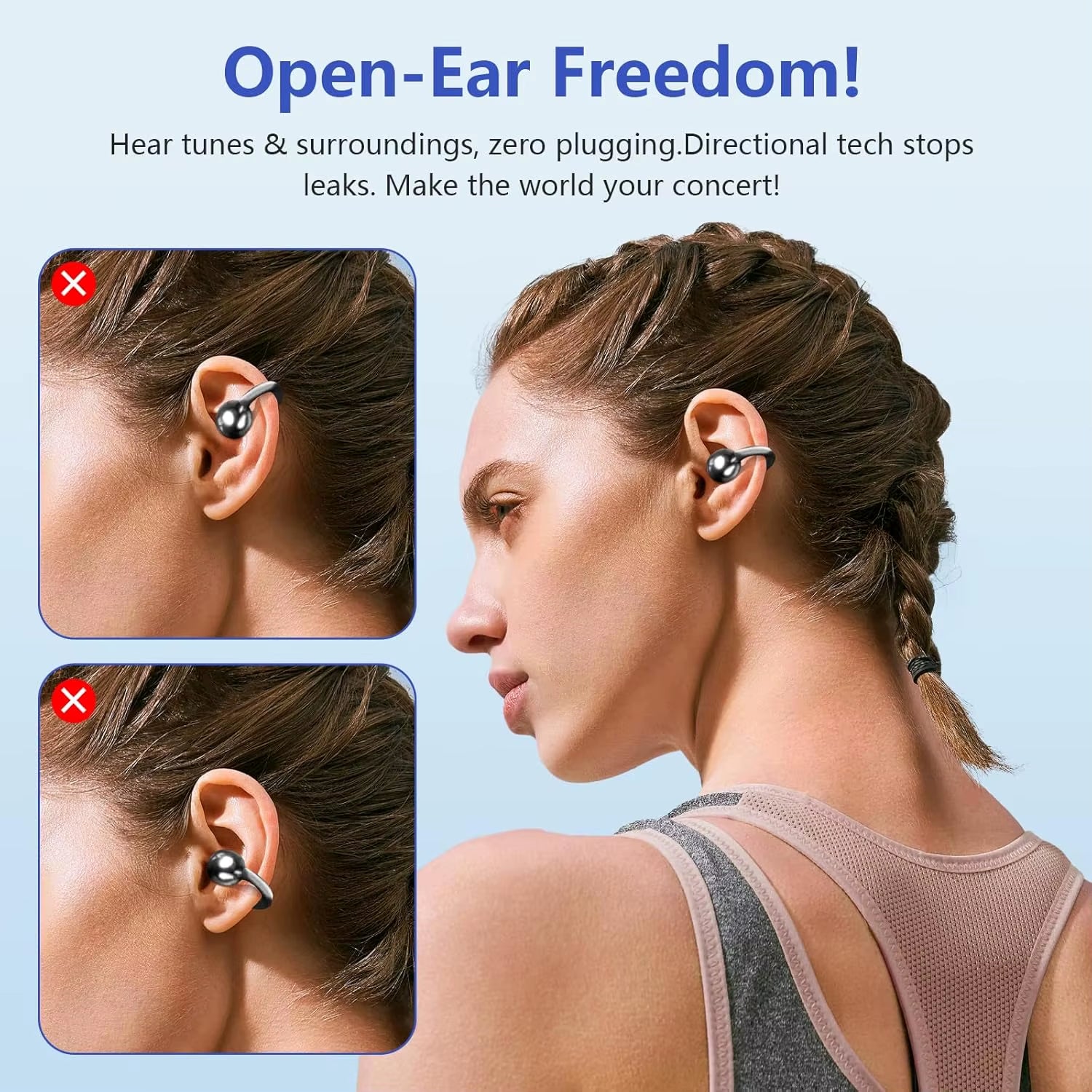 BT 5.4 Clip on Wireless Earbuds 72H Play Time Long-Battery Life Headphone OWS Open Ear Waterproof Earphone for Sport