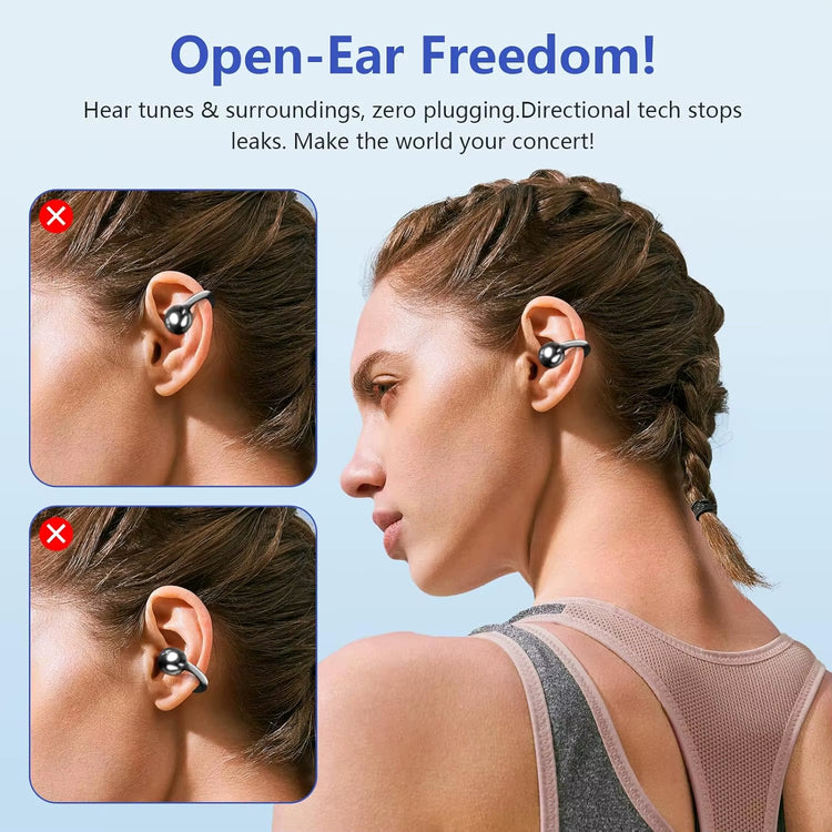 BT 5.4 Clip on Wireless Earbuds 72H Play Time Long-Battery Life Headphone OWS Open Ear Waterproof Earphone for Sport