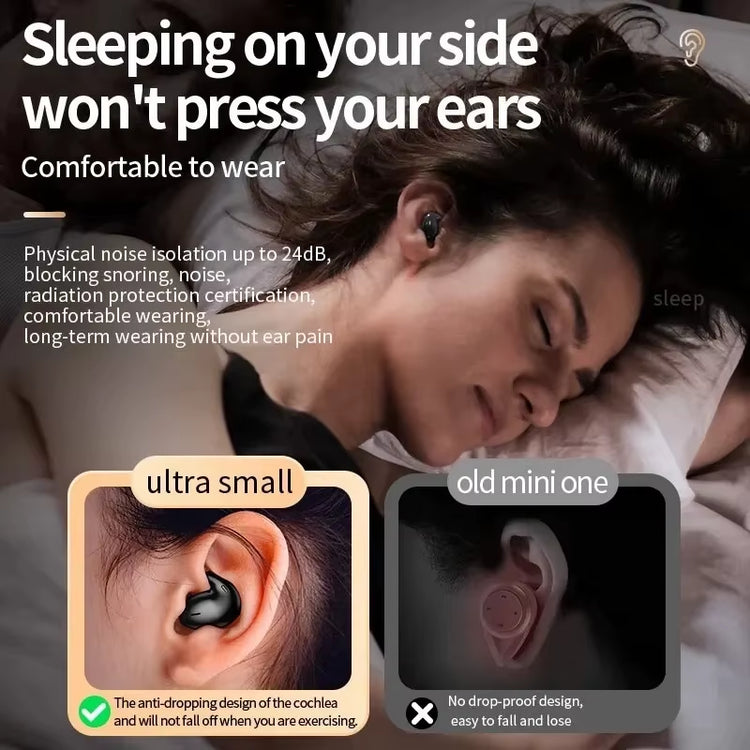 Invisible Sleep Wireless Earbuds comfortable fit for side sleepers, ultra-thin design for all-night wear.