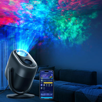 Aurora Wave LED Nebula Projector casting colorful northern lights on the ceiling with a smartphone remote.