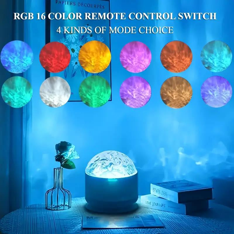 Ocean Wave LED Aurora Projector with 16 color options and remote control for customizable ambient lighting.
