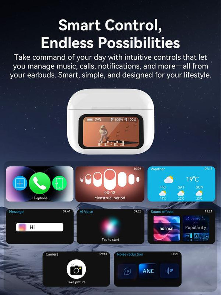 Smart Display Earbuds Case | Bluetooth 5.3 Wireless Noise-Canceling Earbuds | Perfect Gift-Ready High Quality Headphones Audio Headphones Bluetooth Noisecancellingheadphones