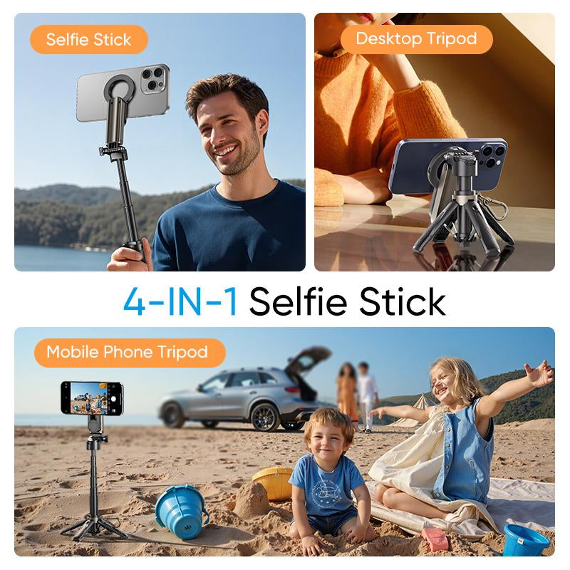MAGIC JOHN 4-In-1 Multifunctional Magnetic Selfie Stick – 360° Rotation, Compact & Stylish, with Wireless Bluetooth Control, Magnetic Phone Holder for Selfies/Video Recording/Vlogging, Compatible with Most Phone Modes