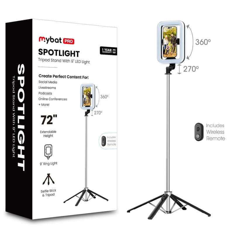 Mybat Pro Selfie Stick, Extendable Spotlight Tripod Stand with 8" Dimmable LED Light, Remote Control Cellphone Holder for Tiktok/Video Recording
