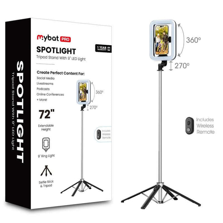 Mybat Pro Selfie Stick, Extendable Spotlight Tripod Stand with 8" Dimmable LED Light, Remote Control Cellphone Holder for Tiktok/Video Recording