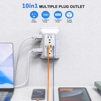 USB Wall Charger, 6 Outlet Extender with 4 USB Charging Ports 3-Sided Power Strip Multi Plug Outlets Wall Adapter Spaced for Home Travel Office