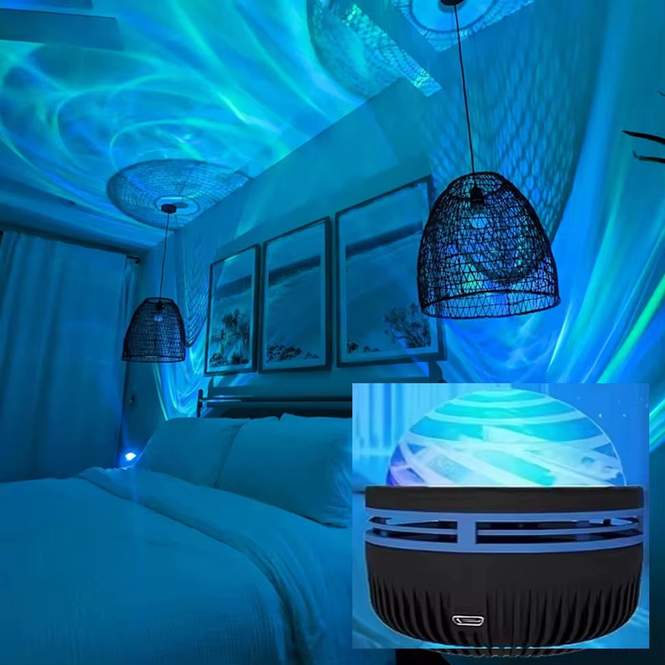 LED Galaxy Projector Light illuminating a bedroom with swirling blue and green galaxy effects on the walls and ceiling.