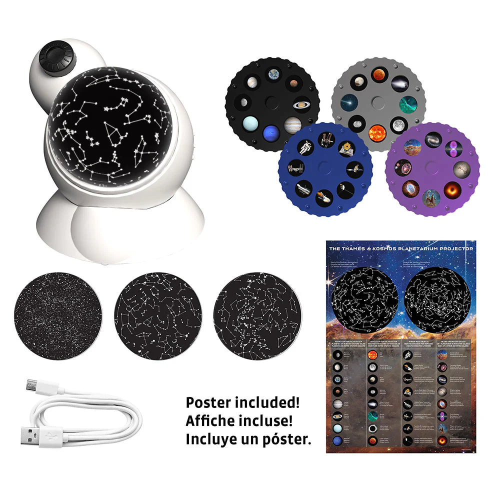 Planetarium Style Galaxy Projector with star discs, poster, and USB cable for immersive home starry sky experience.