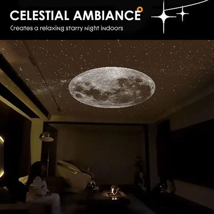 A giant realistic moon and dense starlight film projected on a dark ceiling above a cozy modern living room.