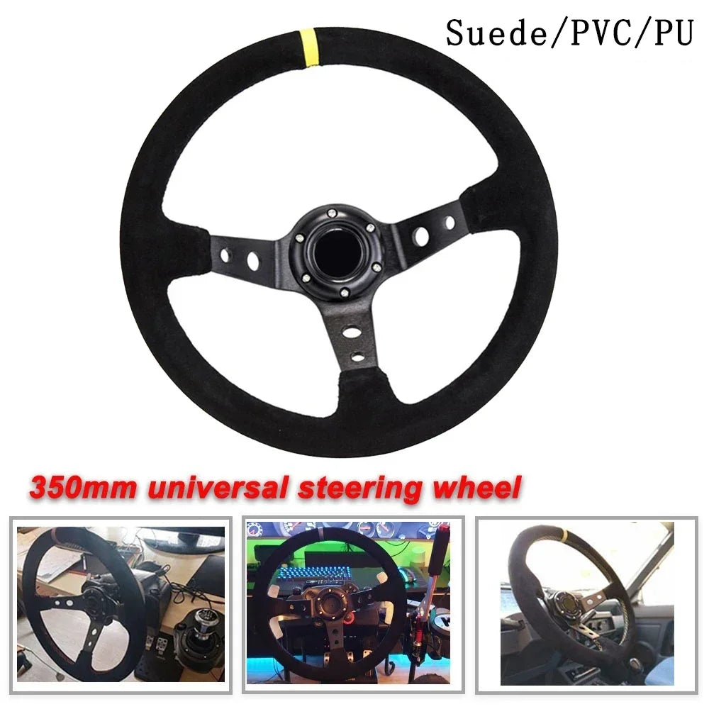 350mm Steering Wheel – Universal 3-Spoke Leather Racing Wheel