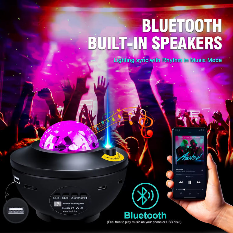 Bluetooth Galaxy Projector with built-in speakers, featuring lighting sync with rhythm in music mode.