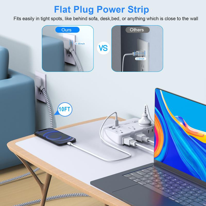 10Ft Flat Plug Extender, 6 Outlets + 4 USB (2 USB-C), Wall Mount. Perfect for Office, Travel & Dorm, Compact & Powerful