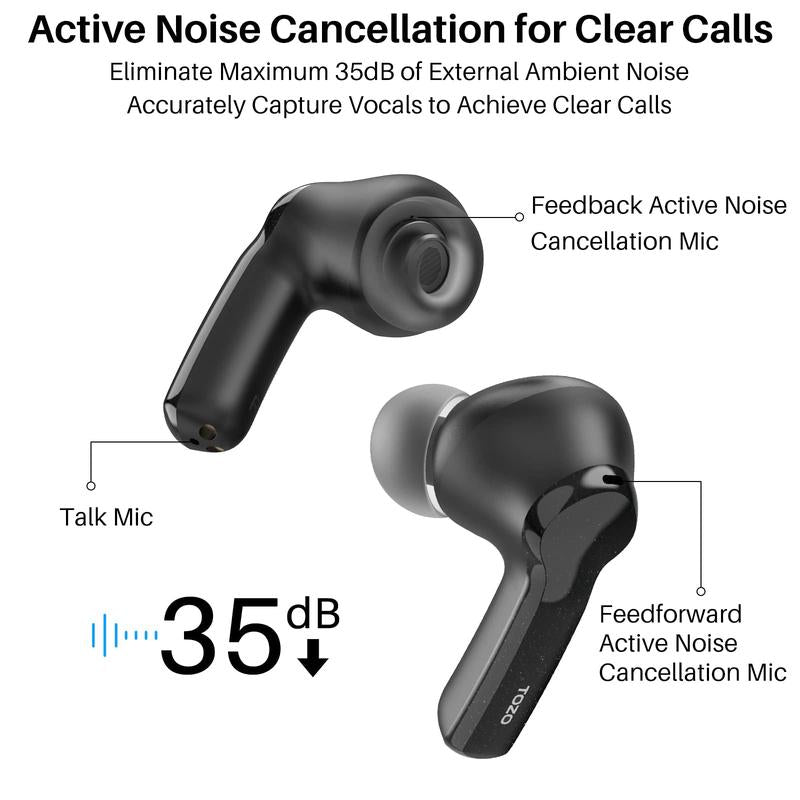 TOZO NC2 Hybrid Active Noise Cancelling Wireless Earbuds Mini Headphones Audio Waterproof In-Ear Earphone Fathersdaygift Headset Electronic
