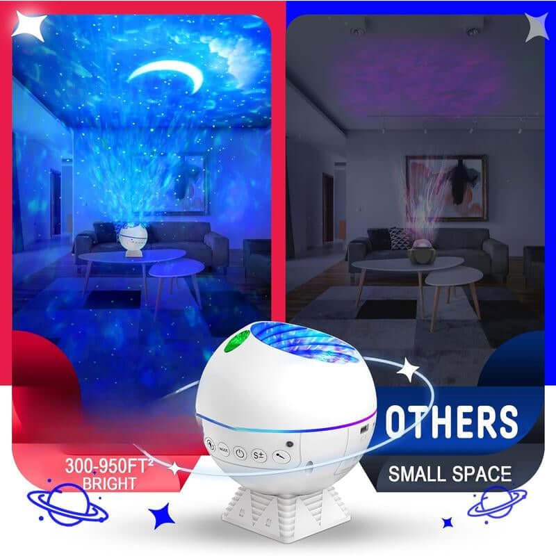 Star Projector Galaxy Light projecting colorful stars and moon in a cozy living room, enhancing ambiance for any occasion.