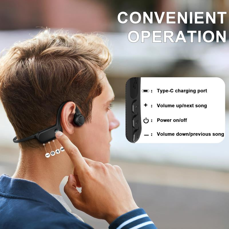 Air conduction headphones for sports showcasing convenient operation controls and Type-C charging port.