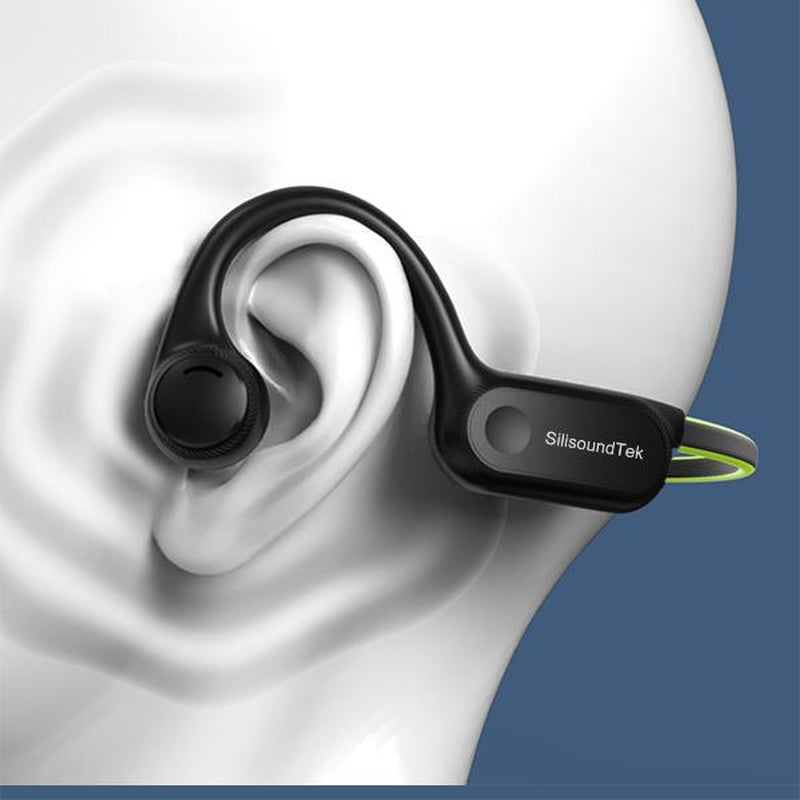 Air conduction headphones for sports worn near an ear, showcasing open-ear design and Bluetooth technology.
