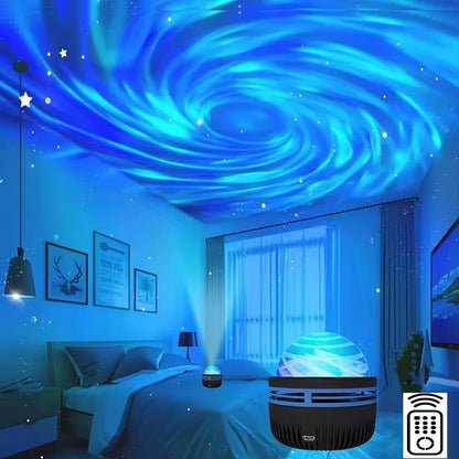 LED Galaxy Projector Light creating a colorful galaxy effect on the ceiling of a bedroom.