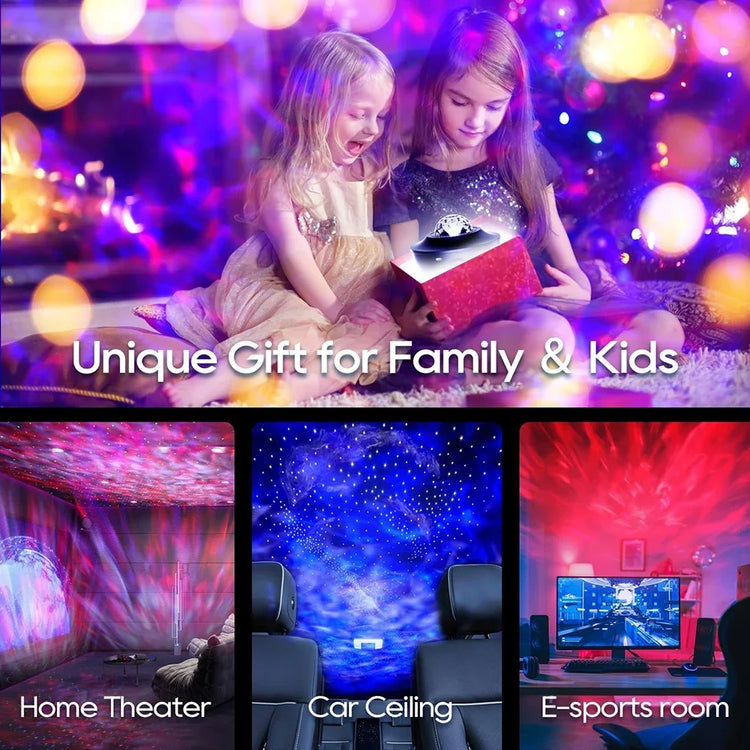 LED Galaxy Projector creating enchanting scenes in home theater, car ceiling, and e-sports room for family and kids.