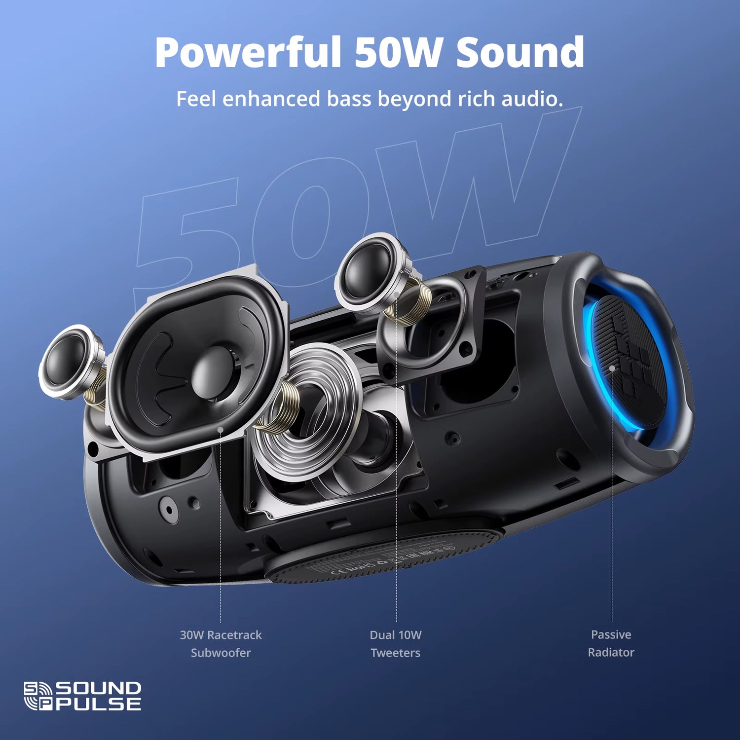 Mirtune S100 Bluetooth Speaker showcasing powerful 50W sound with subwoofer and tweeters for an enhanced audio experience.