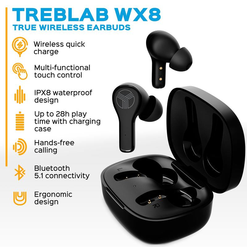 TREBLAB WX8 Wireless Earbuds with Charging Case - Audio Cable Headphone