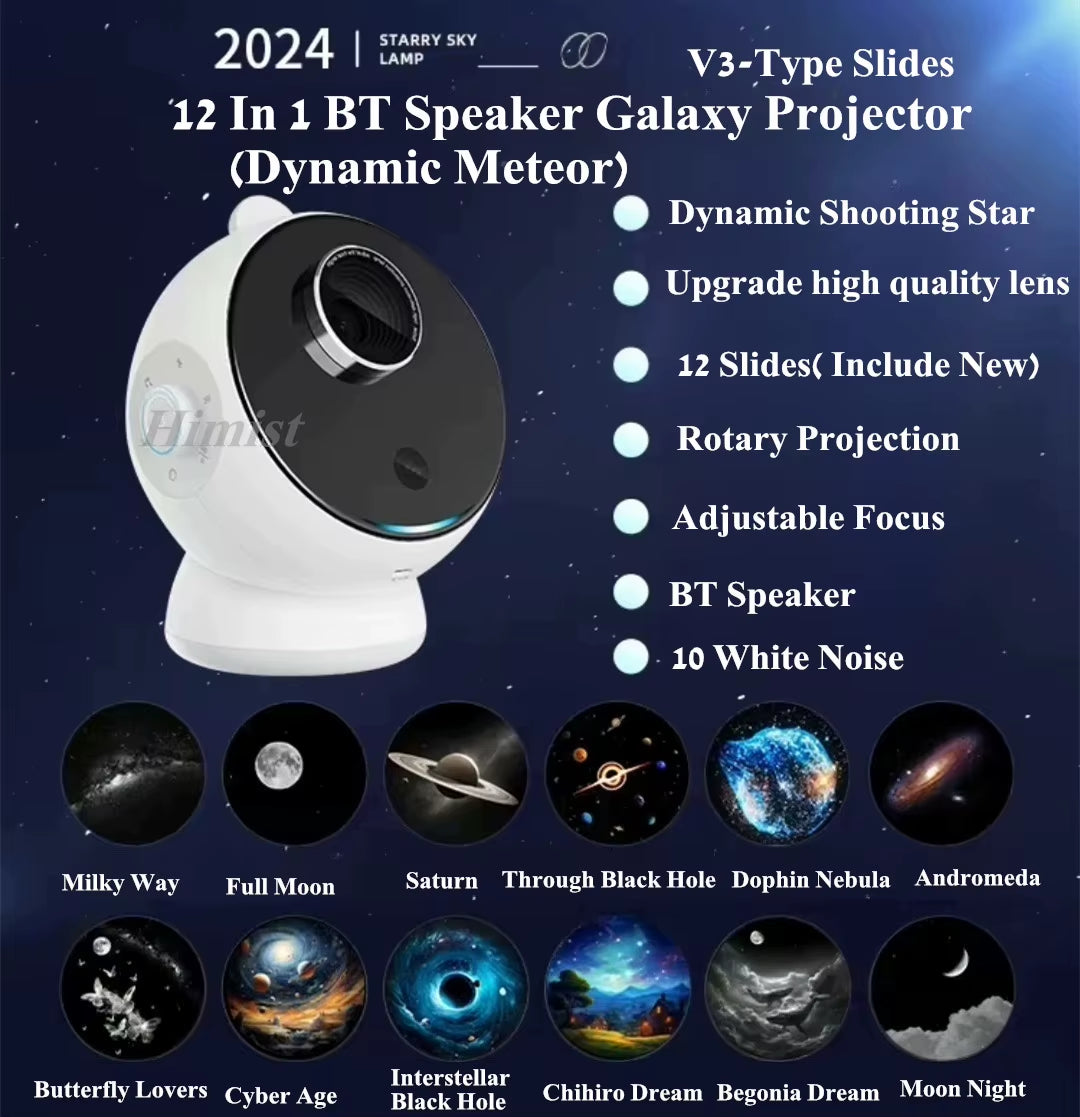 Meteor Star Projector Galaxy Night Light with BT speaker and dynamic meteor effects for bedroom ambiance.