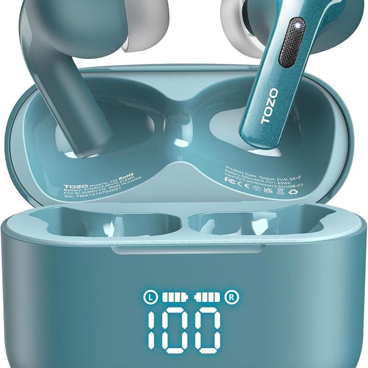 TOZO T20 Wireless Earbuds Bluetooth Headphones 48.5 Hrs Playtime with LED Digital Display Audio Earphones Noise Electronic Headset Charging Chargeable Mini Headphones In-Ear Earphone Fathersdaygift