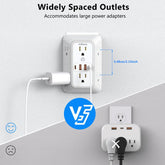 USB Wall Charger, 6 Outlet Extender with 4 USB Charging Ports 3-Sided Power Strip Multi Plug Outlets Wall Adapter Spaced for Home Travel Office