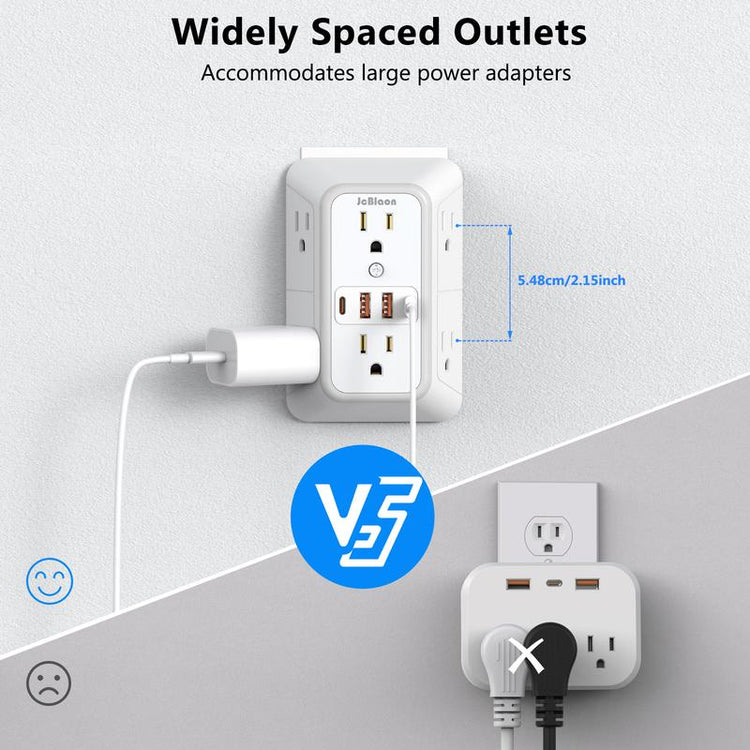 USB Wall Charger, 6 Outlet Extender with 4 USB Charging Ports 3-Sided Power Strip Multi Plug Outlets Wall Adapter Spaced for Home Travel Office