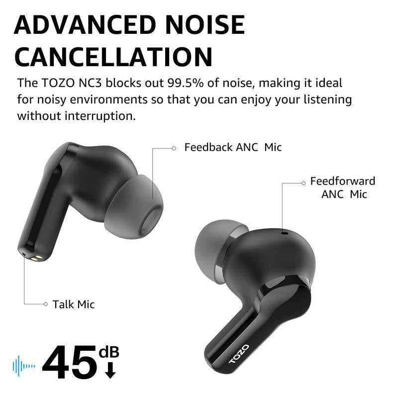 TOZO NC3 Hybrid Active Noise Cancelling Wireless Earbuds, 6 Mics ENC Clear Call, 55H Long Playtime, 32 Preset Eqs via APP, Bluetooth 5.3 Headset, IPX8 Waterproof, In-Ear Headphones with LED Display Audio Electronic Noisecancellingheadphones Black