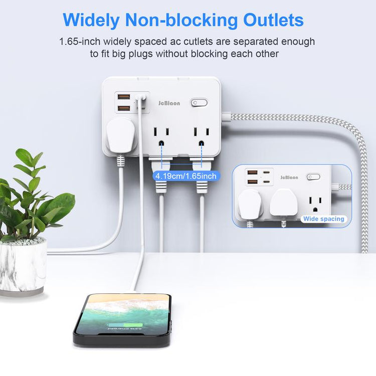 10Ft Flat Plug Extender, 6 Outlets + 4 USB (2 USB-C), Wall Mount. Perfect for Office, Travel & Dorm, Compact & Powerful