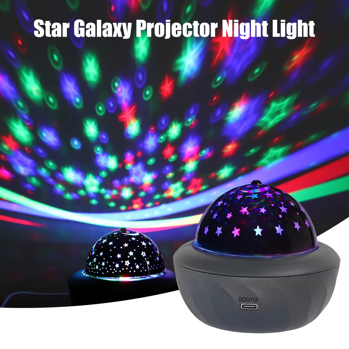 Galaxy Projector Night Light casting colorful stars and celestial patterns on the ceiling, creating a magical atmosphere.