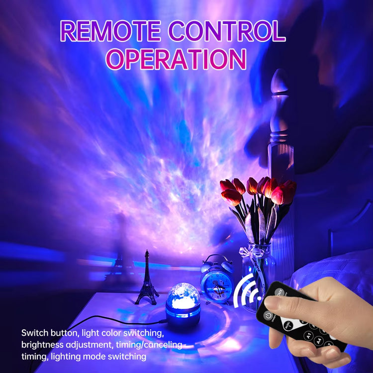 LED Galaxy Projector in operation with remote control, showcasing dynamic lighting effects in a cozy room.