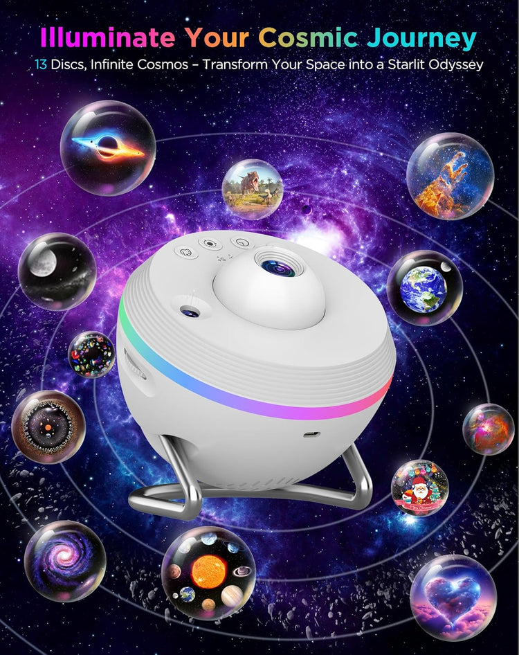 Planetarium Style Galaxy Projector showcasing 13 HD projection discs and stunning cosmic visuals for immersive starlit experiences.