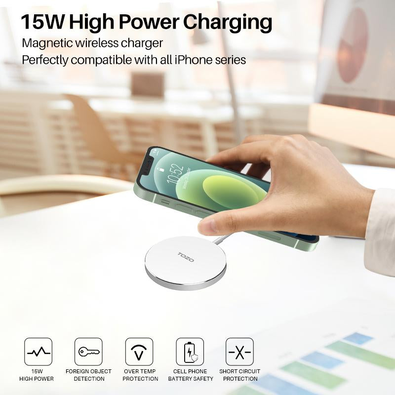 TOZO W6 Wireless Magnetic Charger, 15W Fast Charging Pad with Aviation Aluminum Numerical Control Technology Compatible with Iphone 15 14 13 Series, Samsung Galaxy Series (NO AC Adapter) Fathersdaygift Cellphone Smartphone