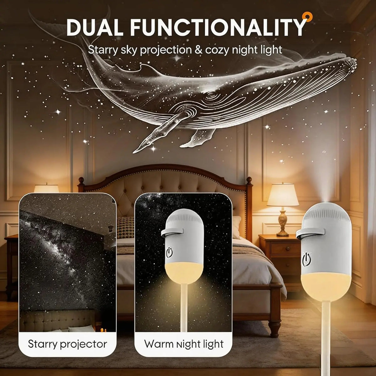 Master bedroom displaying a massive cosmic whale ceiling graphic next to closeups of the ambient nightlight mode.