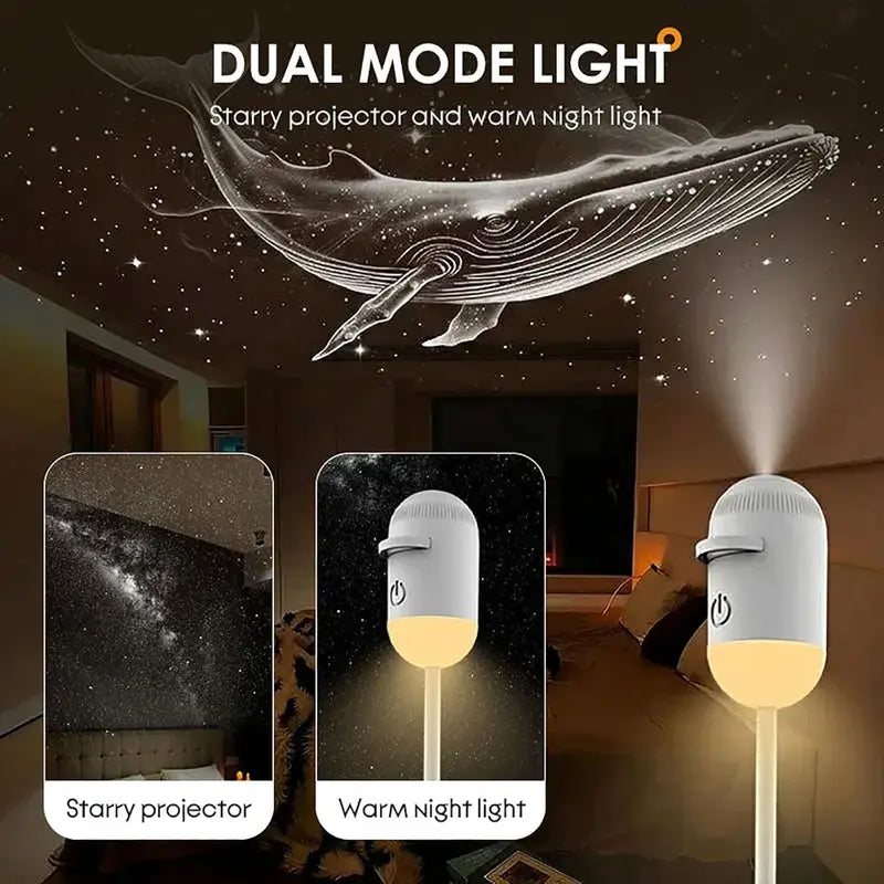 Side-by-side view showing starry projector mode with a cosmic whale slide next to the warm amber night light base.