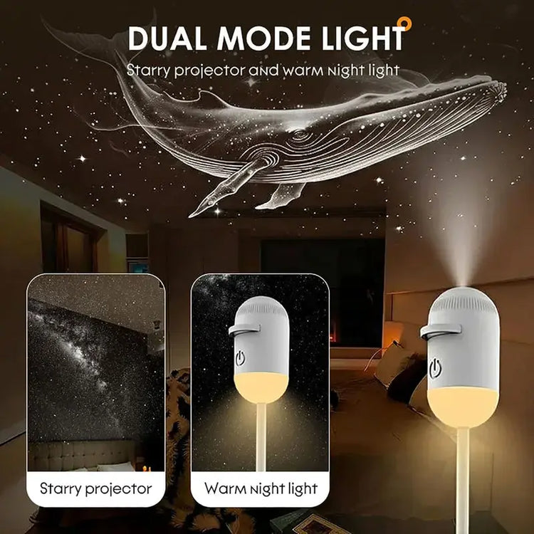 Side-by-side view showing starry projector mode with a cosmic whale slide next to the warm amber night light base.