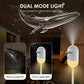 Side-by-side view showing starry projector mode with a cosmic whale slide next to the warm amber night light base.