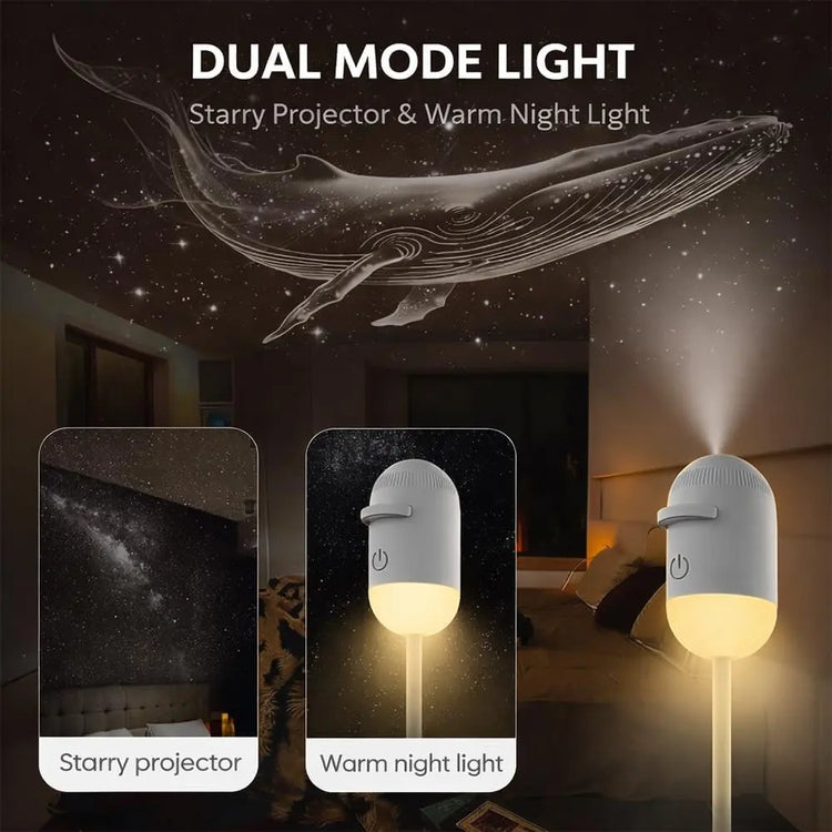 Splitscreen view showing starry projector mode with a cosmic whale slide next to the warm ambient night light base.