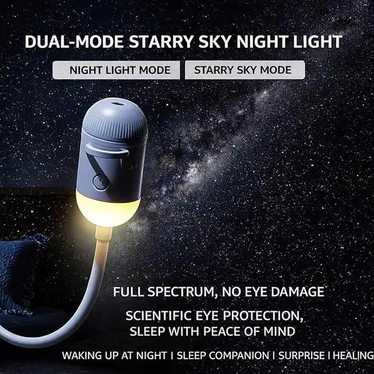 White capsule lamp demonstrating dual settings: night light mode and a vivid starry sky galaxy projection mode.