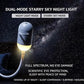 White capsule lamp demonstrating dual settings: night light mode and a vivid starry sky galaxy projection mode.