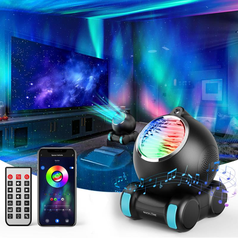 Duplicate product overview view of the dual lens white noise machine projector alongside its mobile control app.