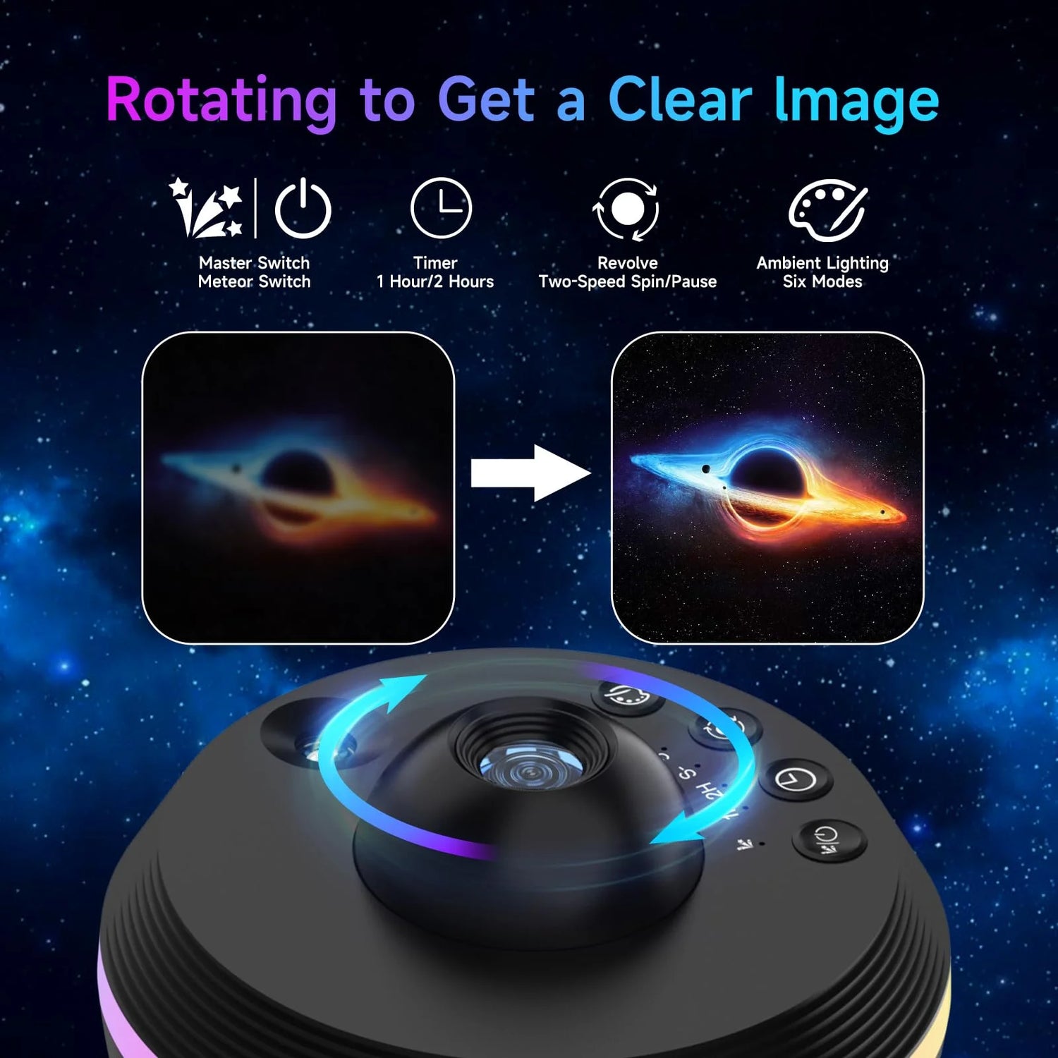 Planetarium Style Galaxy Projector settings and controls for clear image projection, including timer and ambient lighting modes.