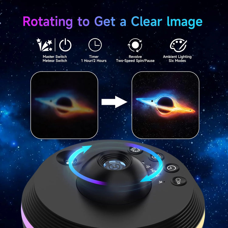 Planetarium Style Galaxy Projector settings and controls for clear image projection, including timer and ambient lighting modes.