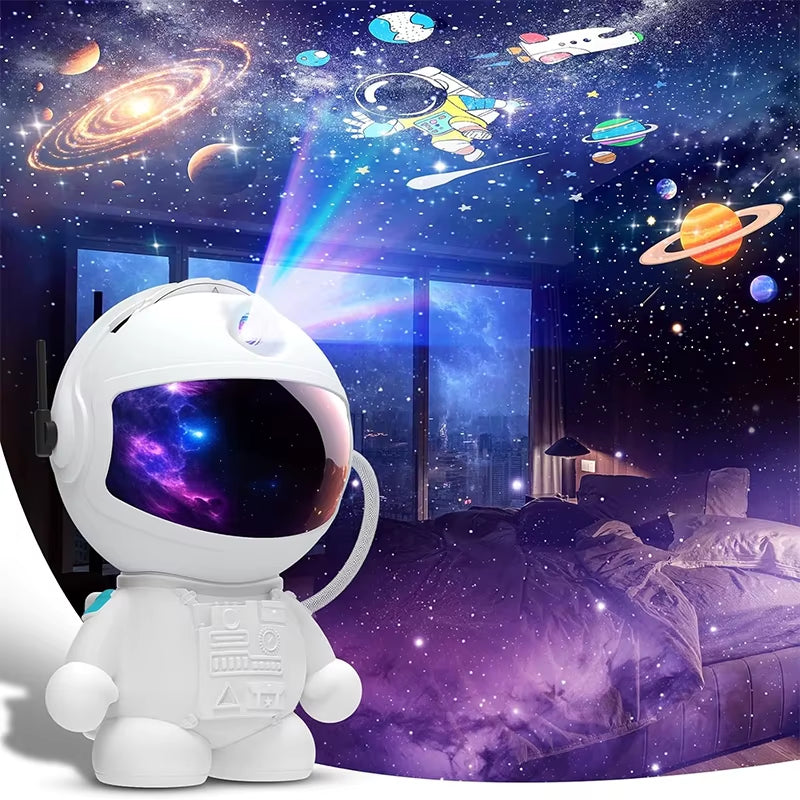 Astronaut Galaxy Projector casting a mesmerizing galaxy display in a bedroom at night.