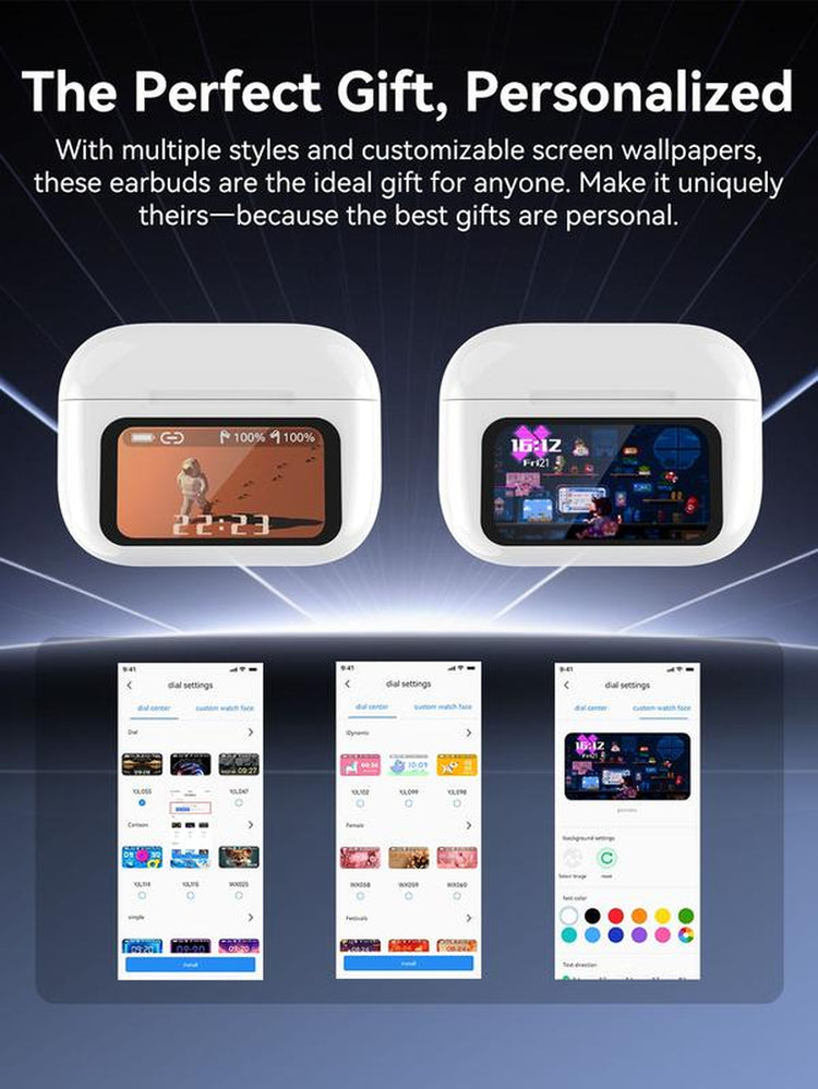 Smart Display Earbuds Case | Bluetooth 5.3 Wireless Noise-Canceling Earbuds | Perfect Gift-Ready High Quality Headphones Audio Headphones Bluetooth Noisecancellingheadphones