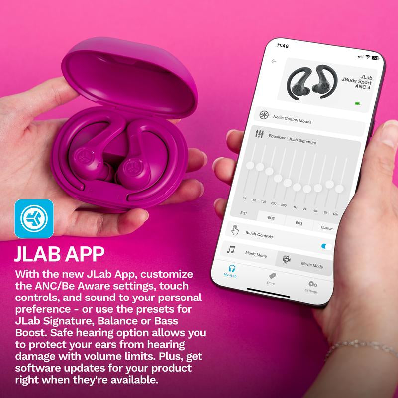 JLab JBuds Sport ANC 4 earbuds in case with smartphone displaying JLab app settings for customization.